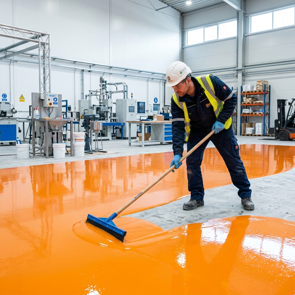 Hi-Tech workers applying epoxy floor coating with squeegee