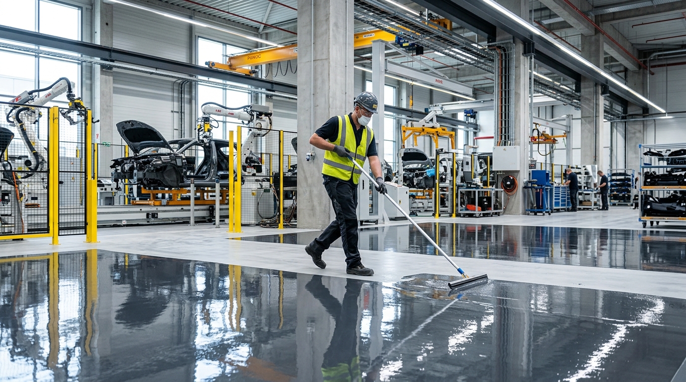 Epoxy PU Hybrid Flooring installation